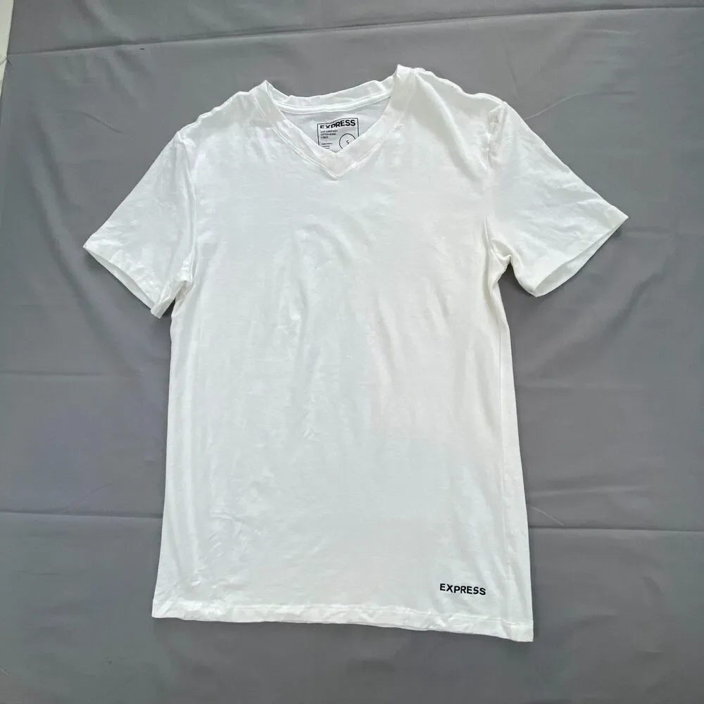 Express Mens Luxe Super Soft V-Neck T-Shirt White Cotton Blend Stretch Size S